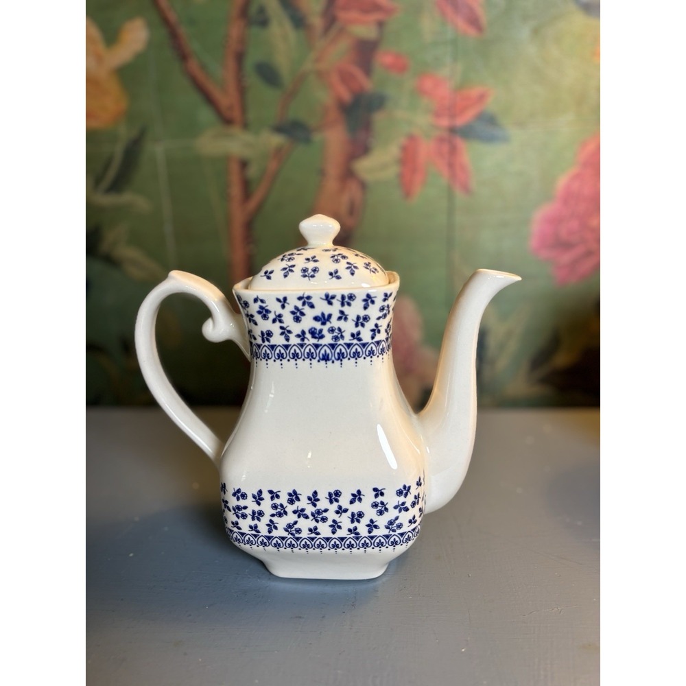 Vintage English Ironstone Coffee Pot Blue Floral Staffordshire Grandmillennial